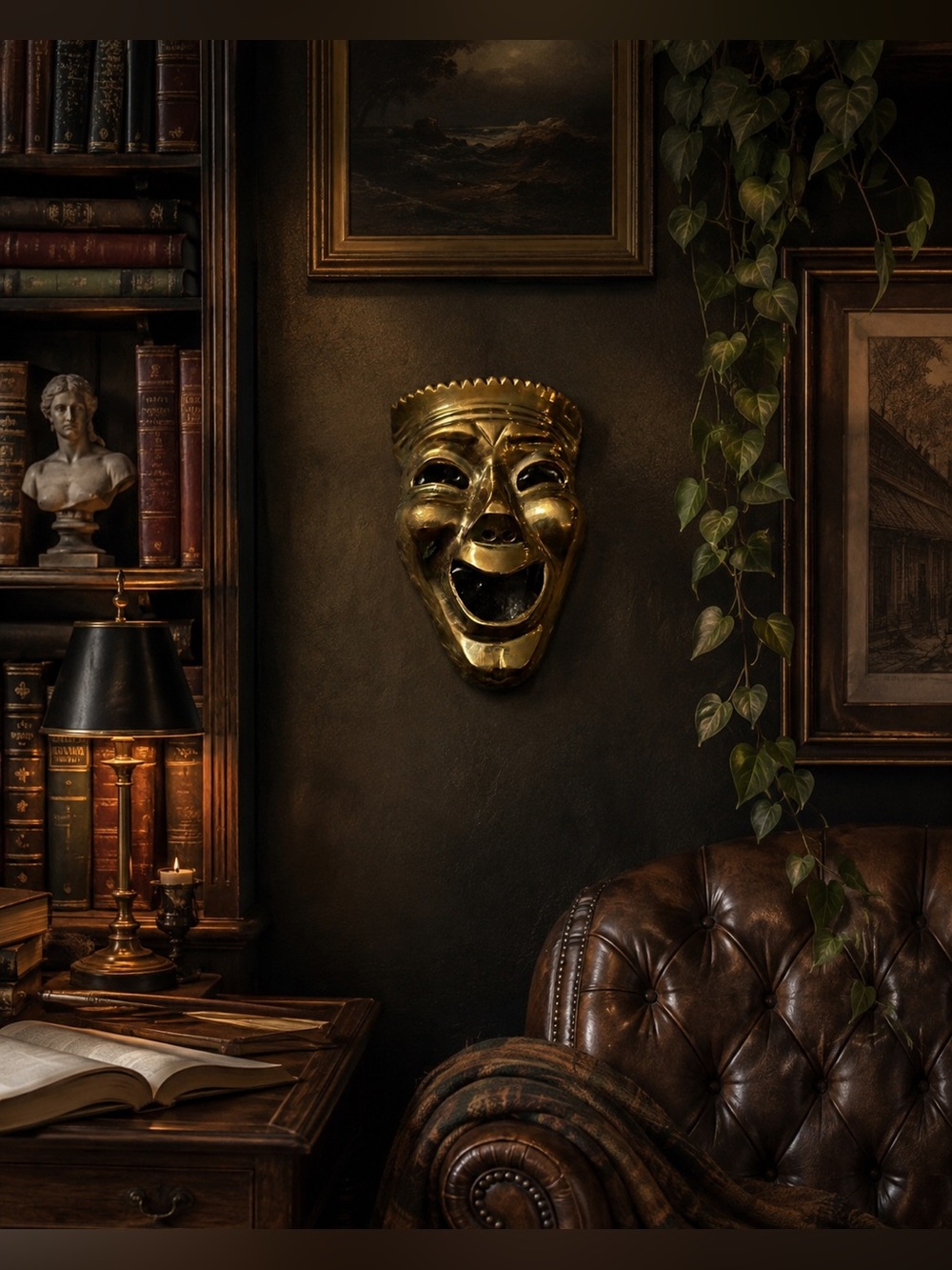 Antique-Style Brass Mask Sculpture Botanical Wall Art 4 Vines, Florals & Altars - Picture 3 of 16